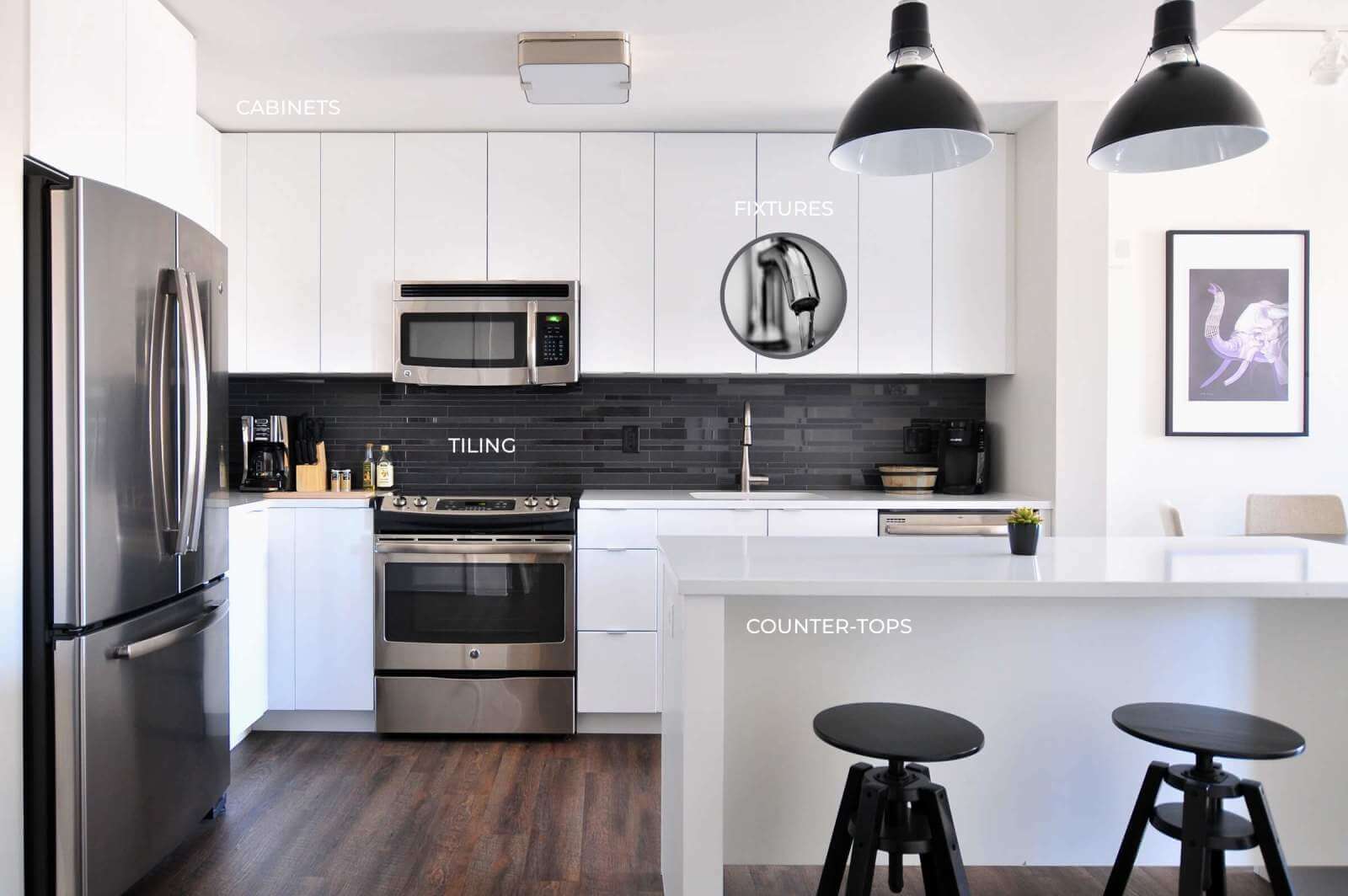a black and white themed kitchen with a central island, bar stools, and accent lighting